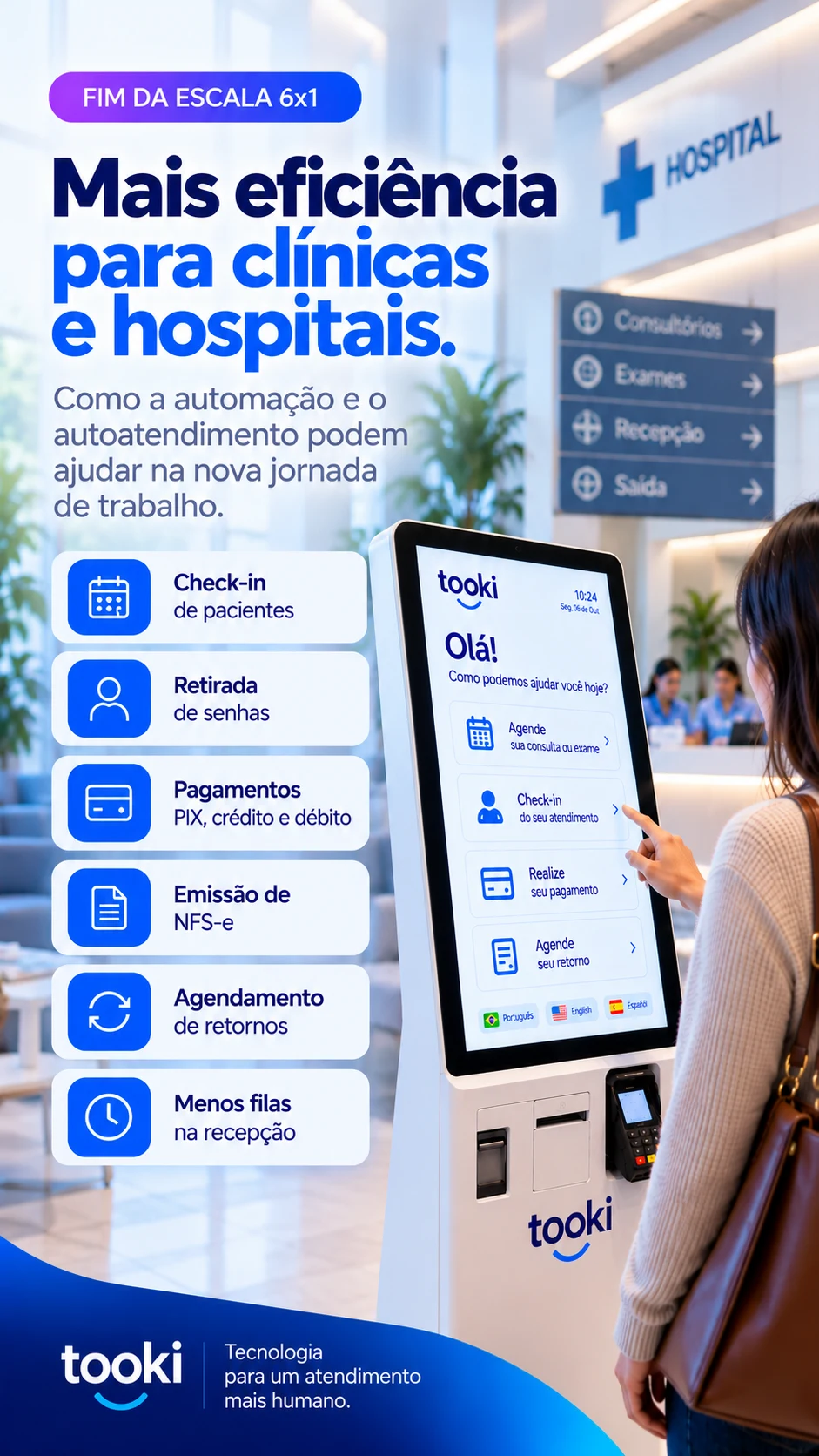 Fim da escala 6x1 em clínicas e hospitais com automação e Totem de autoatendimento