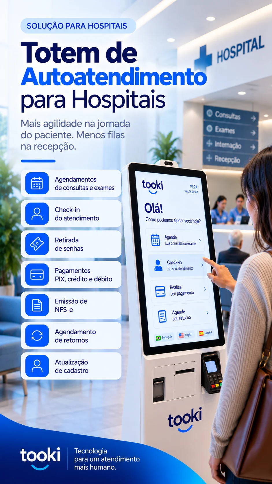 Totem para hospital com autoatendimento, check-in, senhas e pagamentos