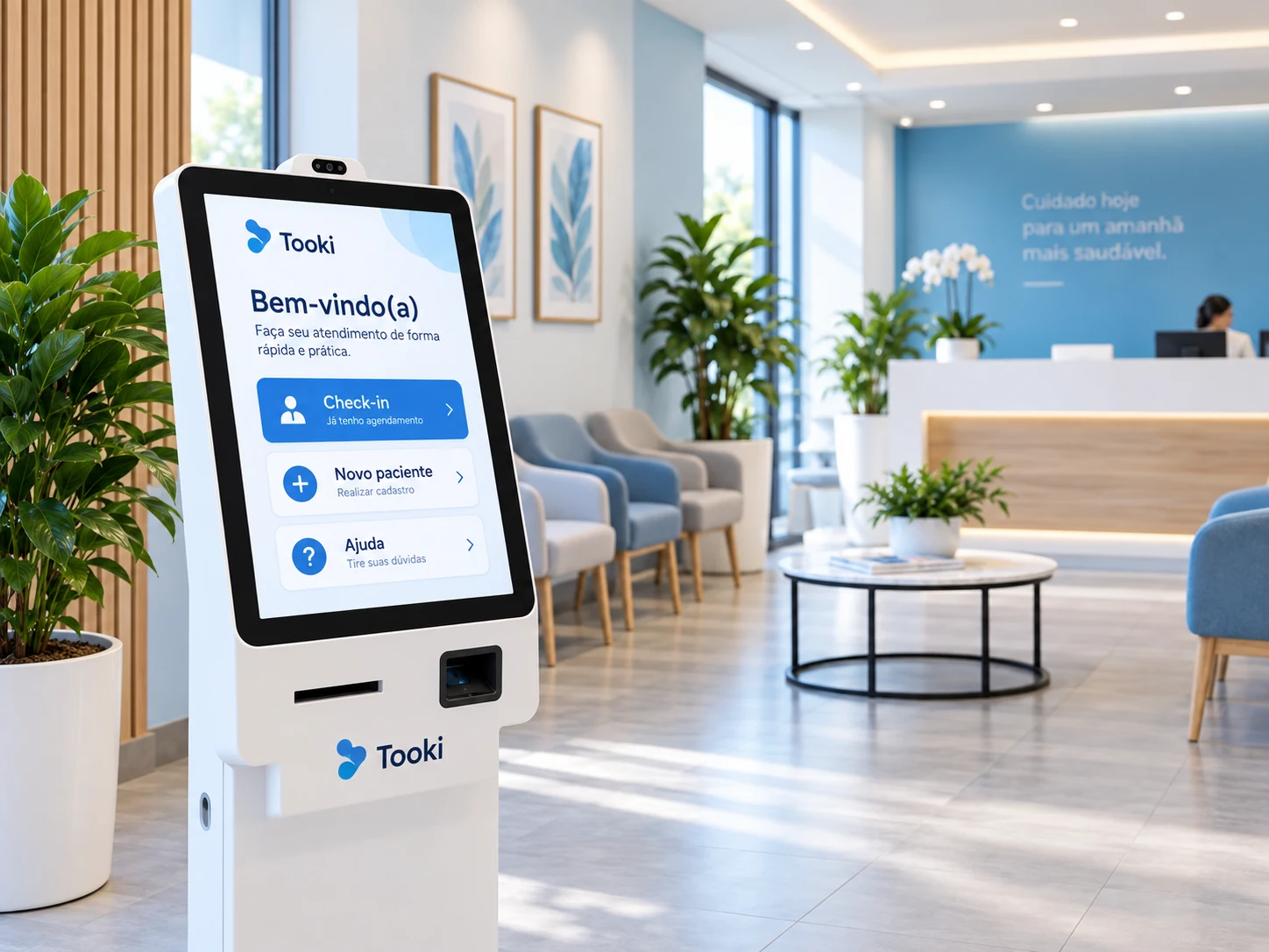 Totem de check-in em recepção de clínica médica moderna