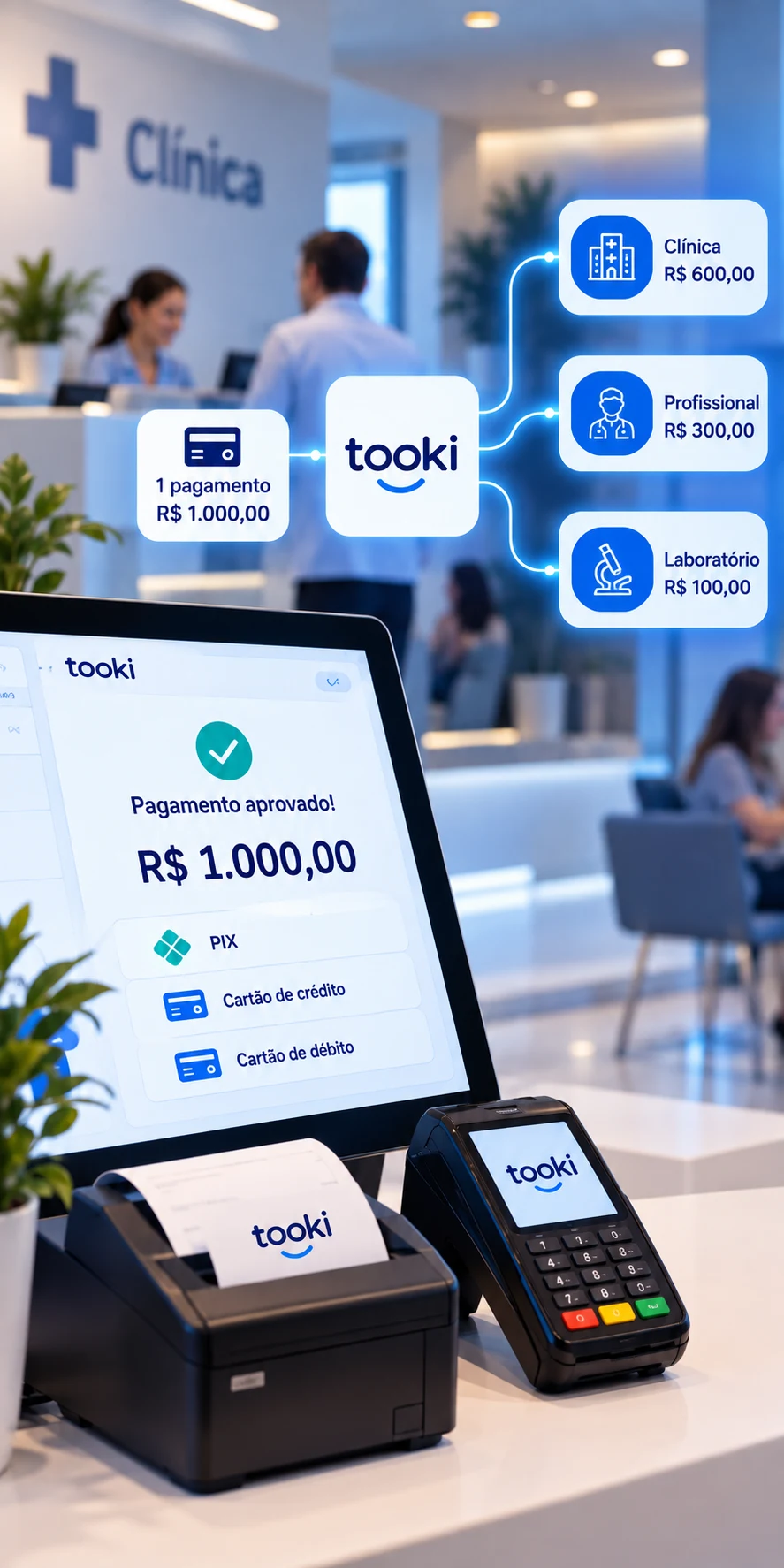 Split de pagamento para clínicas com um pagamento dividido entre múltiplos recebedores
