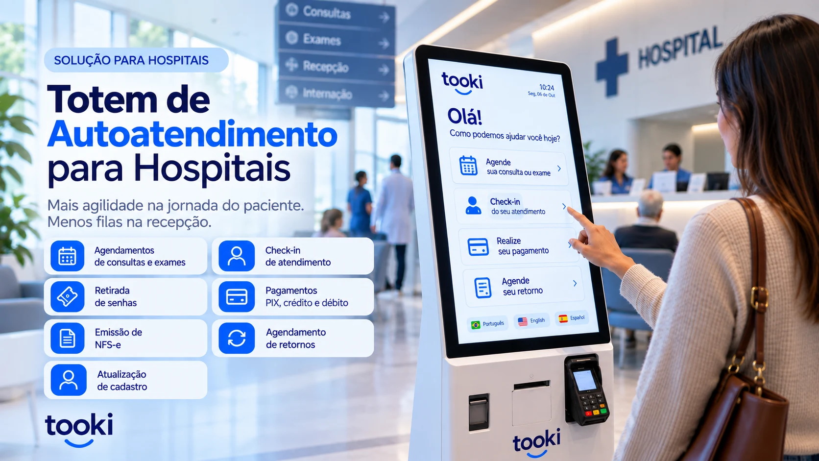 Totem para hospital com autoatendimento, check-in, senhas e pagamentos