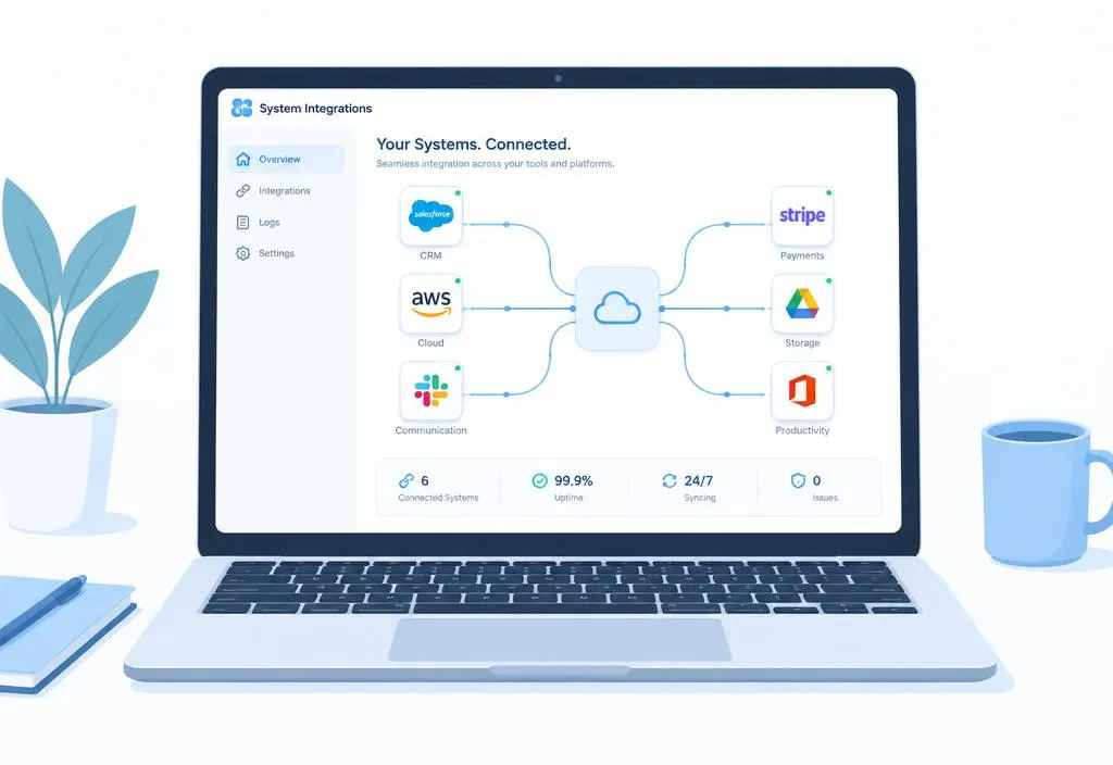 Notebook exibindo painel de integrações entre sistemas