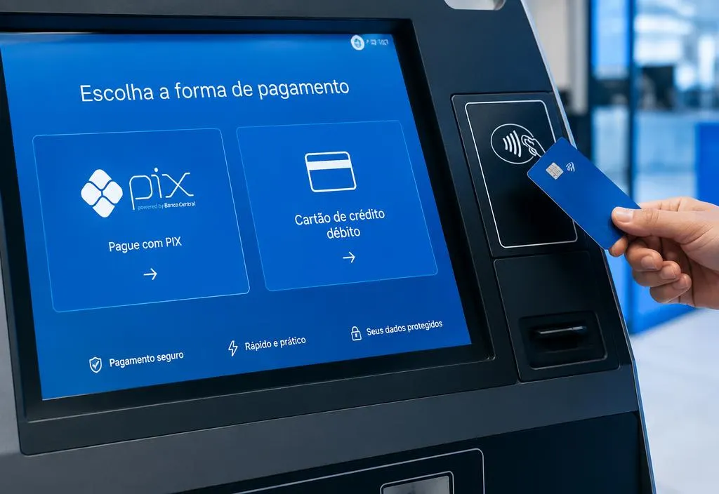 Tela de totem mostrando opções de pagamento por Pix e cartão