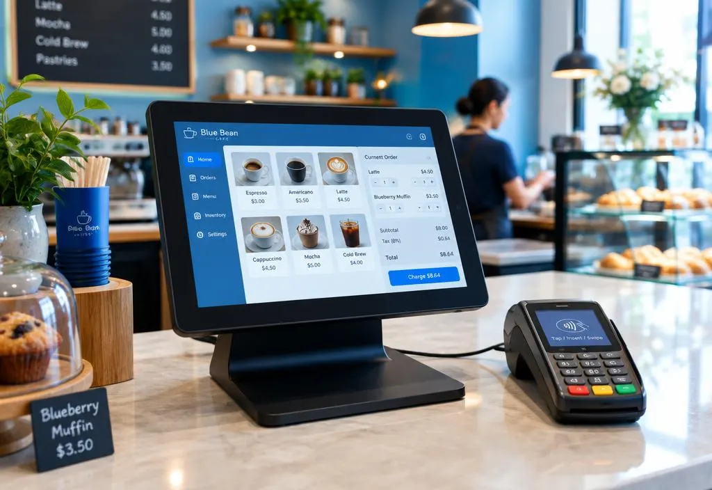Terminal de PDV com máquina de cartão sobre o balcão de uma cafeteria