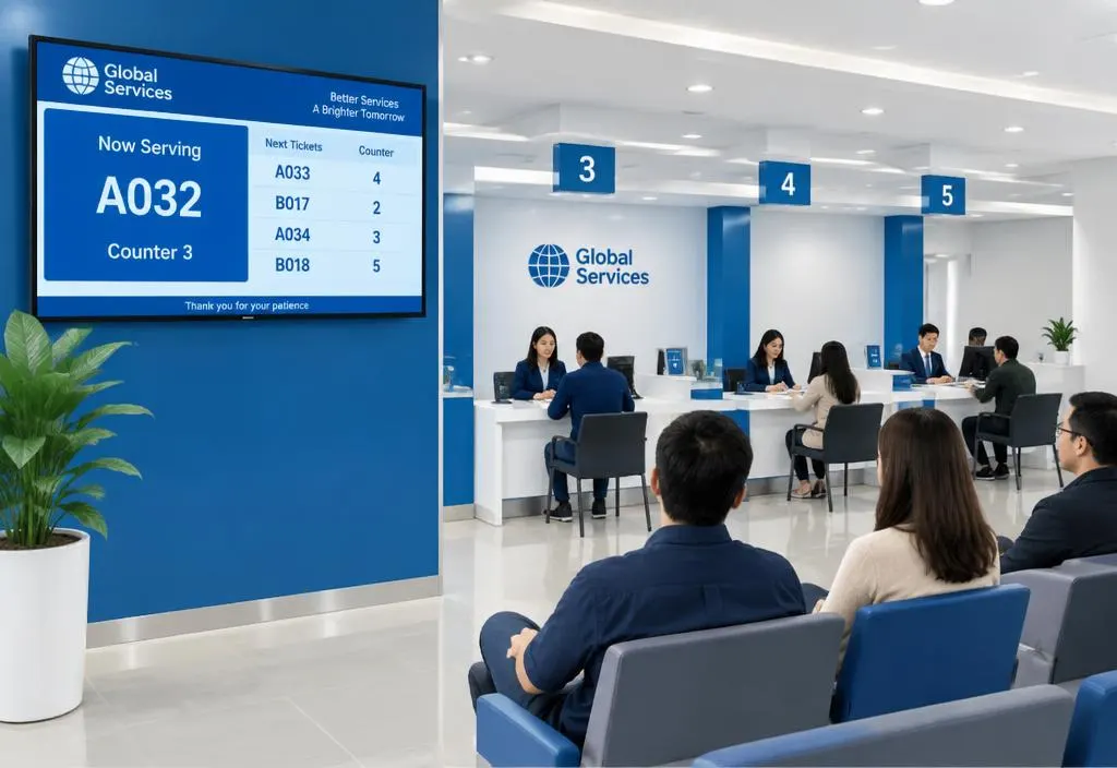 Painel digital de senhas em área de atendimento com guichês